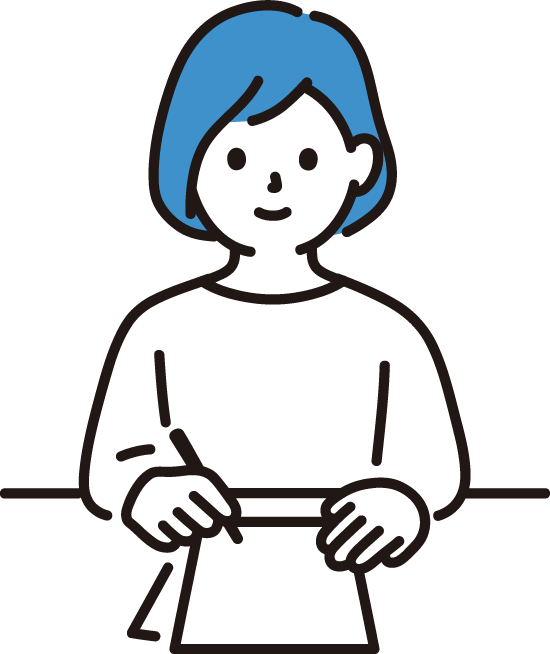 机に向かって紙になにかを書いている女性のイラスト